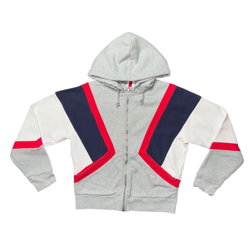Champion Colorblock Reverse Weave Full Zip Hoodie Grey Navy Red‎ White Sz M